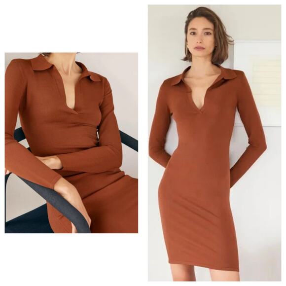 Aritzia Babaton Fame Polo Dress Small Rich Copper Ribbed Long Sleeves Stretch - Picture 1 of 13